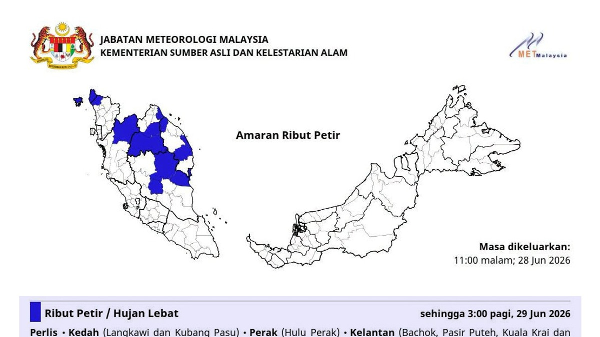 MetMalaysia Issues Severe Weather Alert for Six States Until Early Morning
