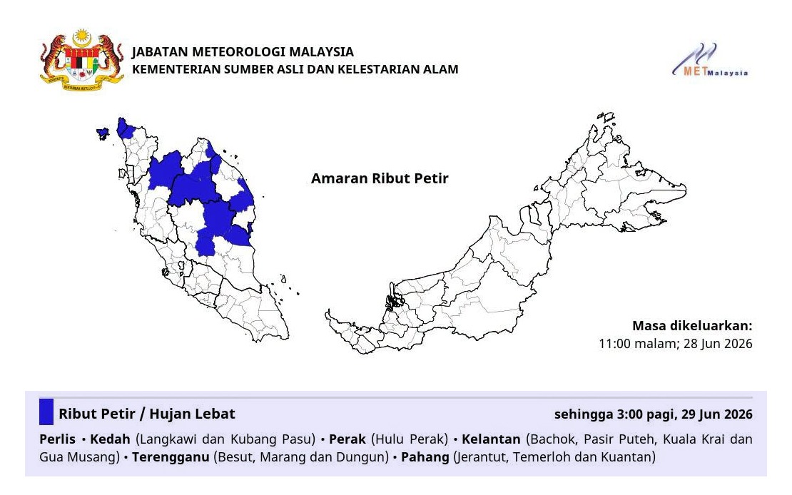MetMalaysia Issues Severe Weather Alert for Six States Until Early Morning