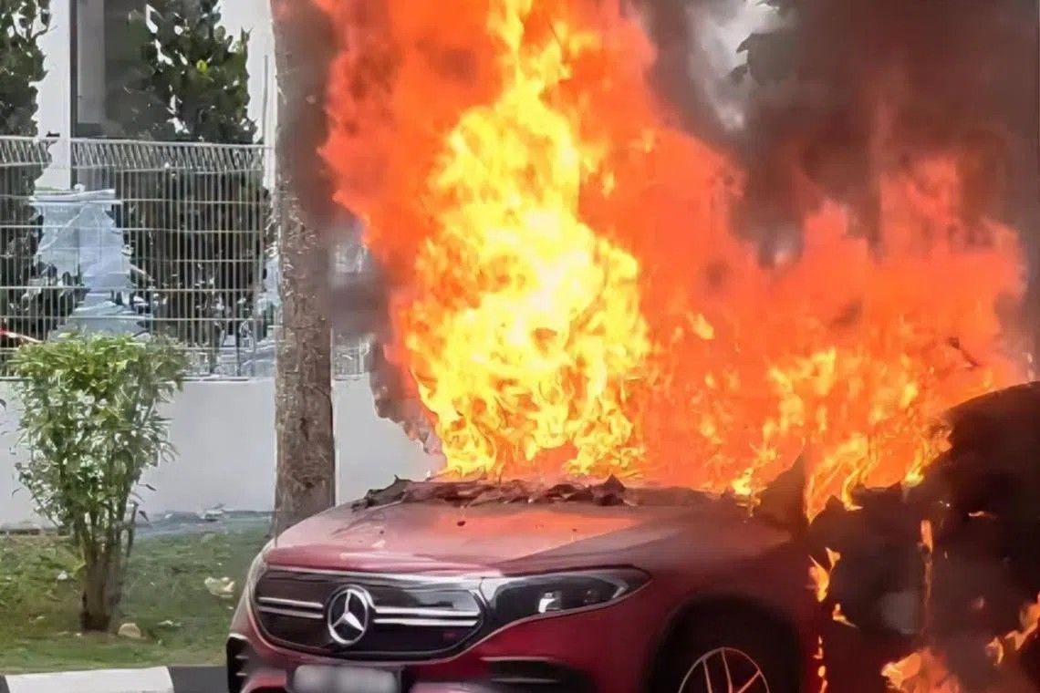 Electric vehicle erupts in flames at Woodlands carpark; investigation underway