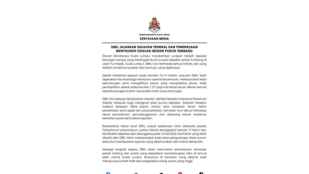 DBKL and Arborists Launch Investigation into Jalan Tun Razak Tree Fatality
