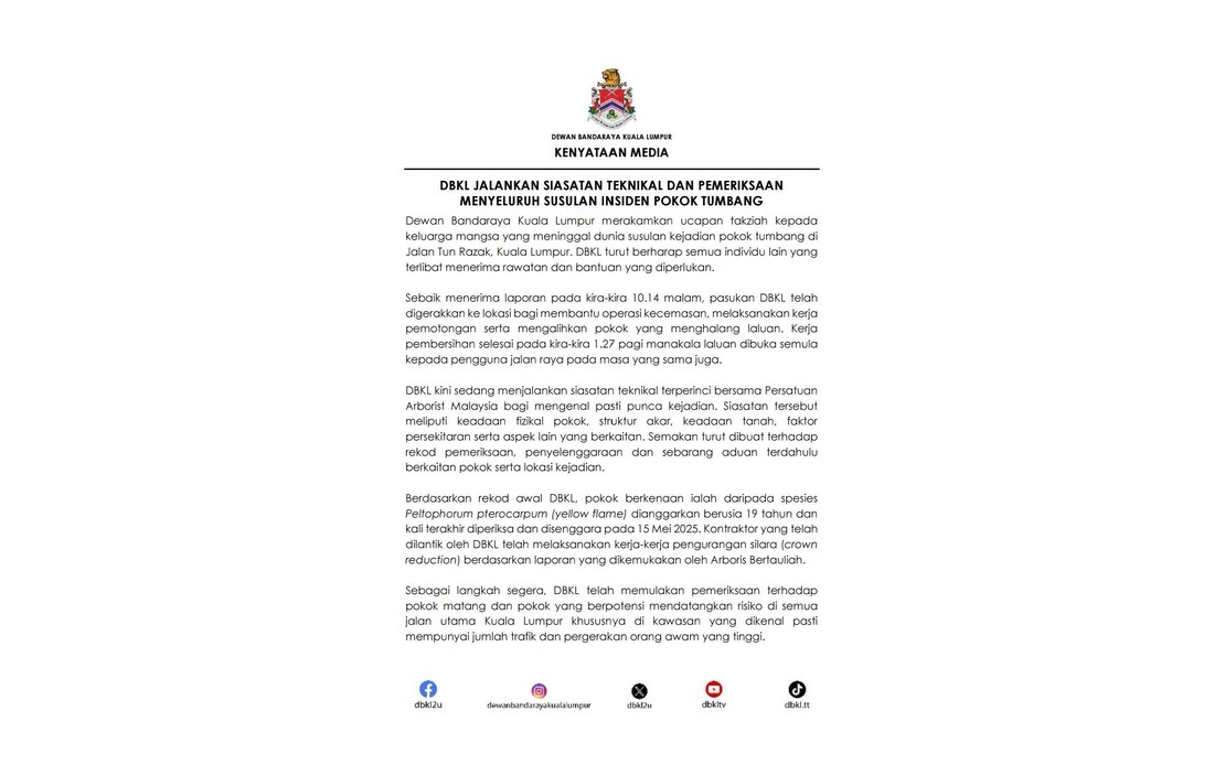 DBKL and Arborists Launch Investigation into Jalan Tun Razak Tree Fatality