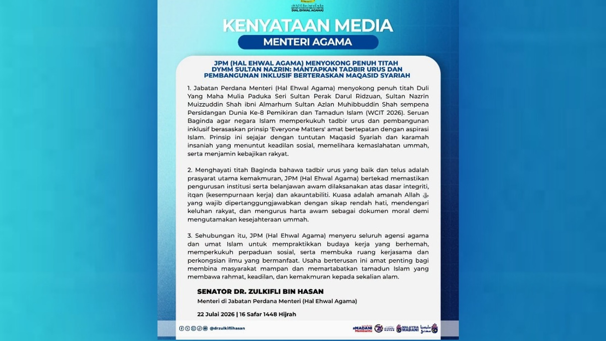 Religious Affairs Ministry to Embed Sultan Nazrin's 'Everyone Matters' Principle in Governance