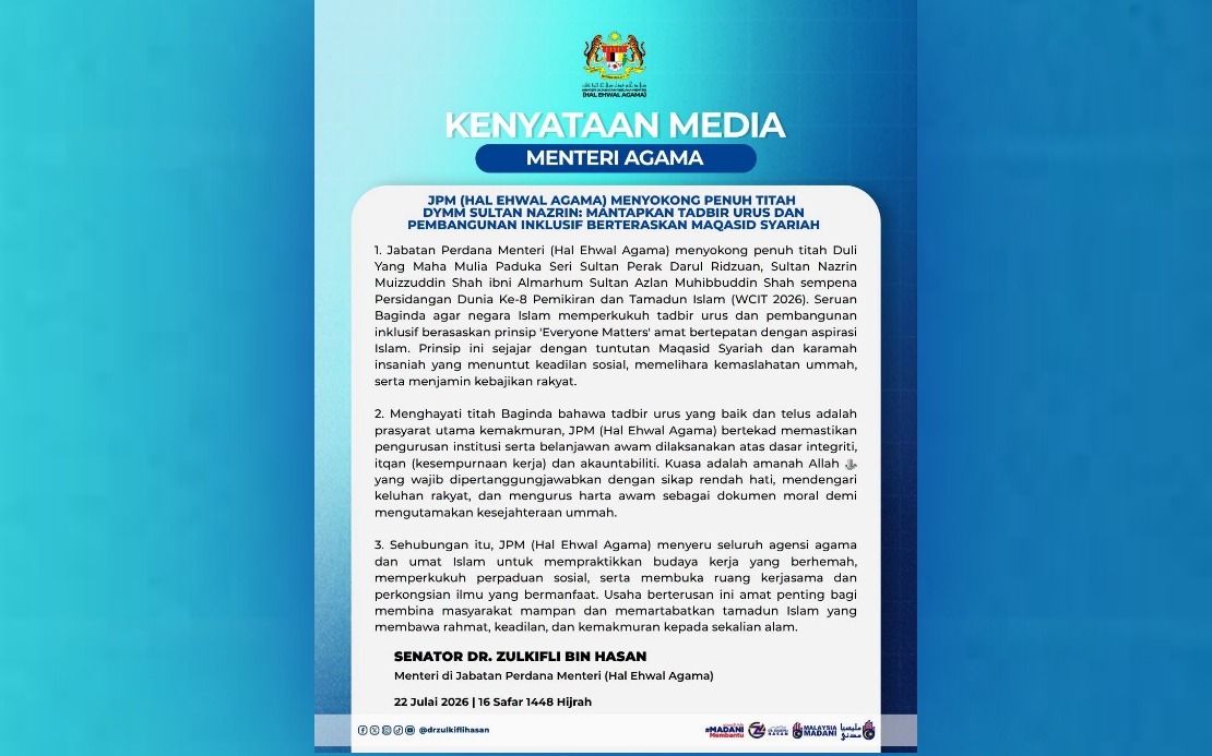 Religious Affairs Ministry to Embed Sultan Nazrin's 'Everyone Matters' Principle in Governance
